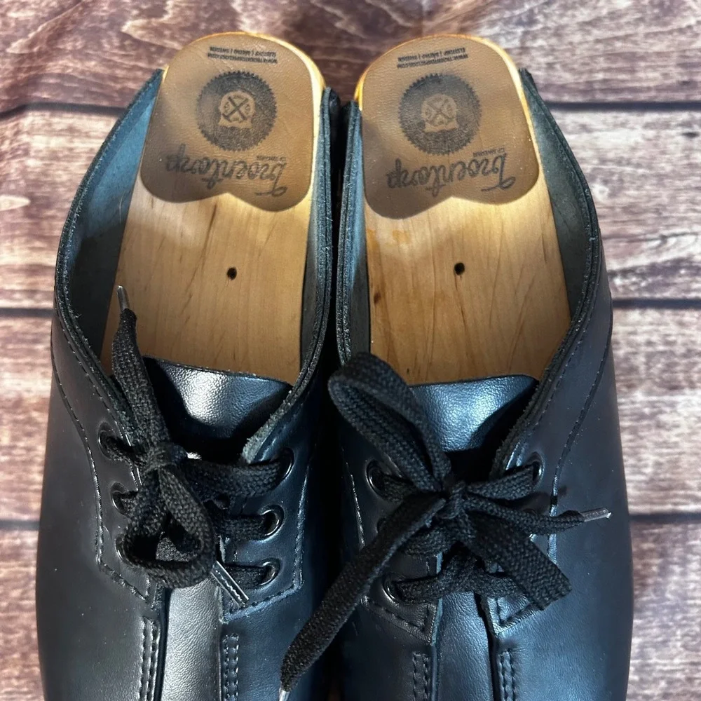 Troentorp of Sweden Audubon Black Leather Lace Up Wooden Clogs Mules Womens 38 - Picture 5 of 12